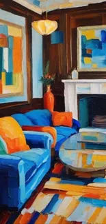 Vibrant abstract artwork of a colorful living room setting.