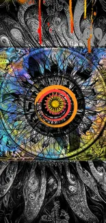 Vibrant abstract mandala with colorful patterns on a black background.