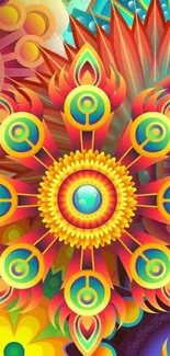 Vibrant abstract mandala wallpaper with colorful geometric patterns.