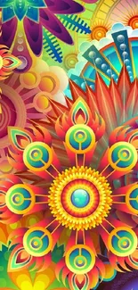 Vibrant and colorful abstract mandala design wallpaper with geometric patterns.