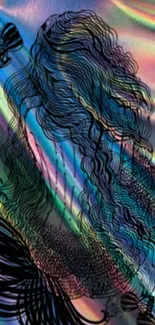 Abstract mermaid with wavy lines and iridescent colors in a mobile wallpaper.