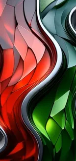 Vibrant abstract metallic waves in red and green tones.