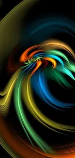 Colorful abstract swirl on a black background mobile wallpaper.