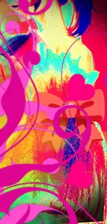 Vibrant abstract wallpaper with pink swirls and colorful background.