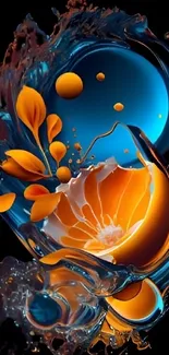 Vibrant abstract wallpaper with swirling blue and orange elements on a black background.