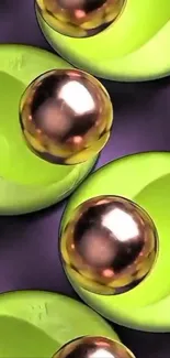 3D metallic spheres on green and purple background