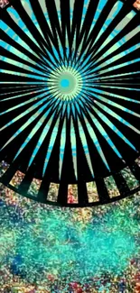 Abstract colorful design with teal and radiant patterns.