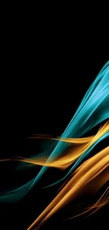 Vibrant blue and orange fluid waves on black background mobile wallpaper.