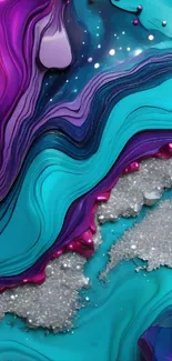 Vibrant abstract wave design with cosmic elements in turquoise and purple.