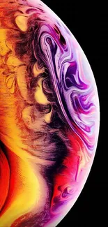 Vibrant abstract wallpaper with purple, orange, and red swirls on a black background.