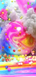 Vibrant abstract wallpaper with colorful swirls and 3D spheres.