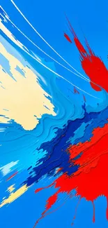 Vibrant abstract mobile wallpaper with blue, red, and yellow swirls.