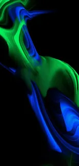 Vibrant neon green and blue abstract wallpaper on a black background.