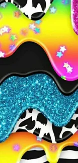 Vibrant abstract wallpaper with rainbow colors and glitter stars.