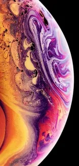 Vibrant abstract wallpaper with orange and purple swirls on a black background.