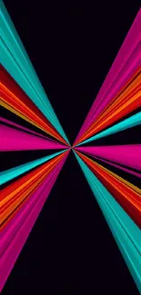 Vibrant abstract wallpaper with colorful geometric rays on a black background.