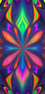 Vibrant neon abstract design mobile wallpaper with kaleidoscope pattern.