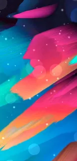 Vibrant abstract wallpaper with neon pink, orange, and blue brush strokes.