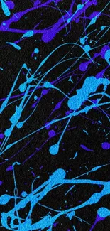 Abstract blue and purple splatter art wallpaper on black background.