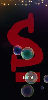 Abstract mobile wallpaper with red S and colorful bubbles on a dark background.