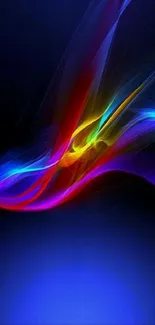 Abstract neon waves on a dark blue background for mobile wallpaper.