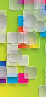 Vibrant abstract mobile wallpaper with colorful squares on a lime green background.