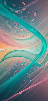 Vibrant abstract wallpaper with teal curves and colorful splashes.