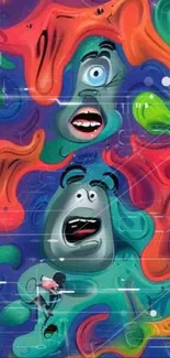 Colorful abstract monster art with vibrant swirls and animated faces.