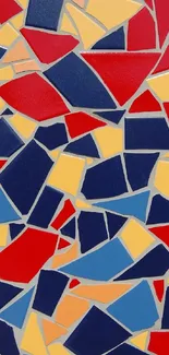 Colorful abstract mosaic pattern with red, blue, and yellow shapes.