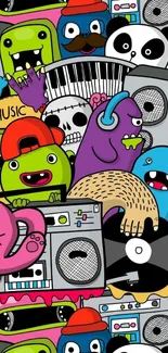 Colorful cartoon monsters with music elements, vibrant wallpaper.