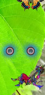 Abstract nature wallpaper with green leaf, colorful butterfly, eyes, and swing.