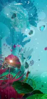 Vibrant abstract nature wallpaper with turquoise hues and underwater bubbles.