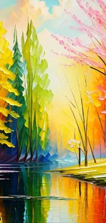 Vibrant abstract nature scene with colorful trees and reflections.