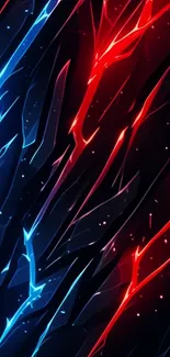 Abstract neon lines in red and blue on a dark background.