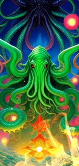 Vivid neon Kraken artwork with abstract design and vibrant colors.