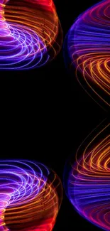 Abstract neon swirl mobile wallpaper with vibrant colors on black background.