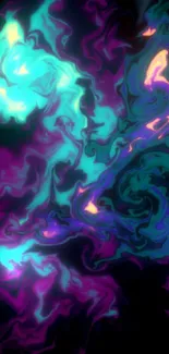 Abstract phone wallpaper with neon purple, teal, and orange swirling patterns.