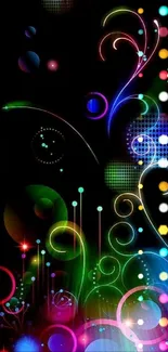 Vibrant abstract neon wallpaper with glowing shapes and colors.