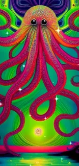 Vibrant neon octopus art with bright colors and abstract design.