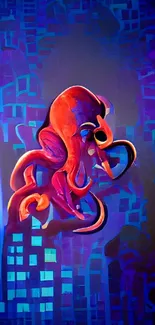 Colorful octopus abstract art with a purple mosaic background for mobile wallpaper.