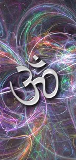 Vibrant abstract wallpaper with Om symbol and swirling colors.