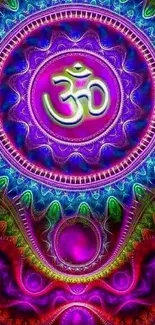 Vibrant abstract mobile wallpaper with central Om symbol in vivid colors.