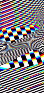 Abstract vibrant optical illusion wallpaper with geometric patterns.
