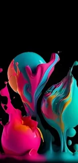 Vibrant abstract paint splashes on black background.