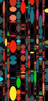 Vibrant abstract pattern with colorful geometric shapes on a black background.