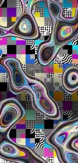 Vibrant abstract pattern with fluid shapes and geometric blocks.