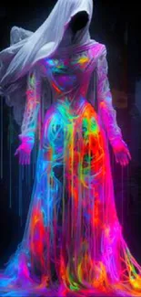 Abstract neon figure with a luminous cloak on a dark background.