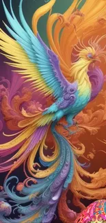 Colorful phoenix in orange and purple tones on a vibrant mobile wallpaper.