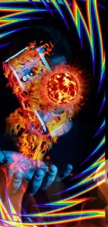 Fiery abstract mobile wallpaper with colorful neon elements.