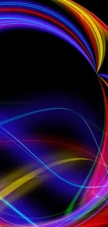 Vibrant abstract wallpaper with neon lights on black background.